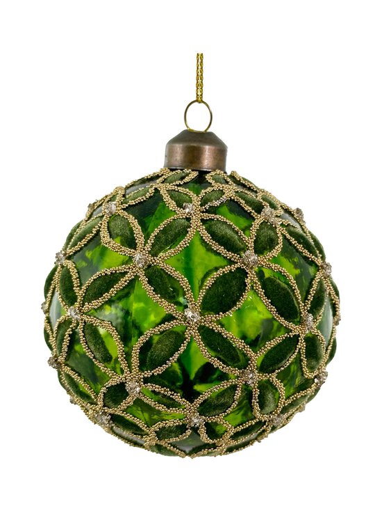 Green Velvet And Gold Beads -joulukuusenkoriste 8 cm