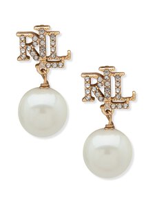 Lauren Ralph Lauren - Gold & Crystal Logo Pearl Drop -korvakorut - GLD GOLD | Stockmann
