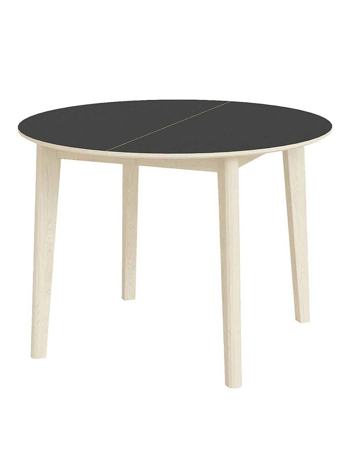#120- jatkettava ruokapöytä musta laminaatti / valkoöljytty massiivitammi ⌀ 120 / 147 cm