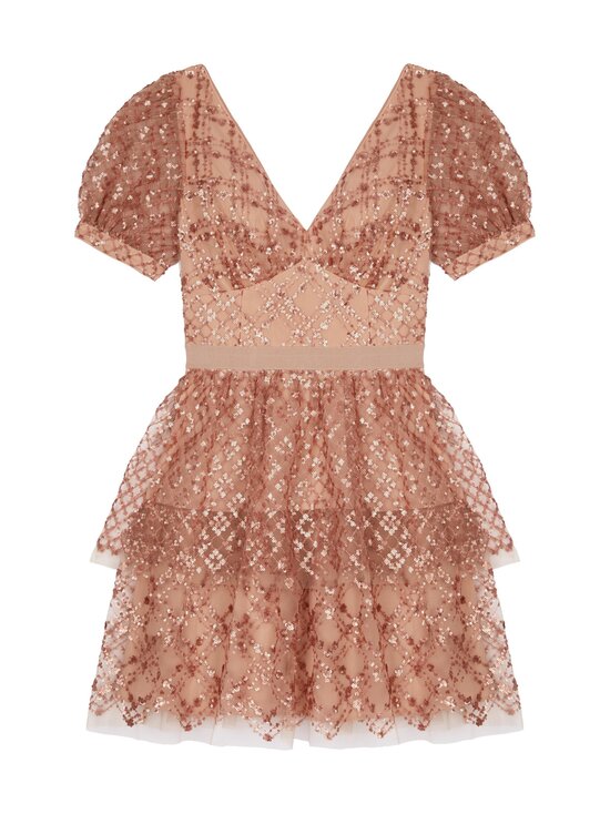 TAUPE GRID SEQUIN TIERED SKIRT MIDI -mekko